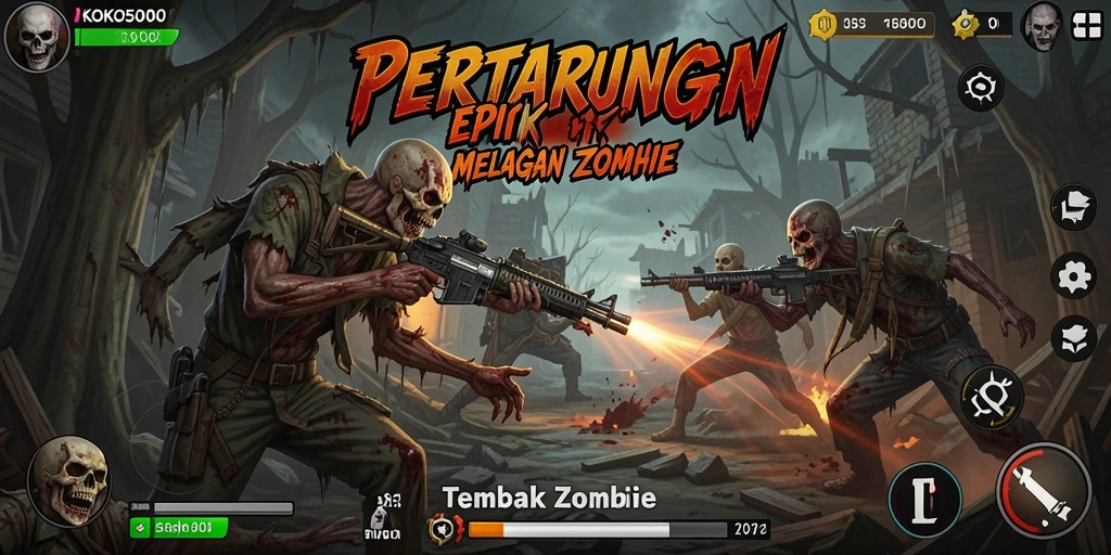 Antarmuka permainan KOKO5000 yang penuh aksi melawan zombie.
