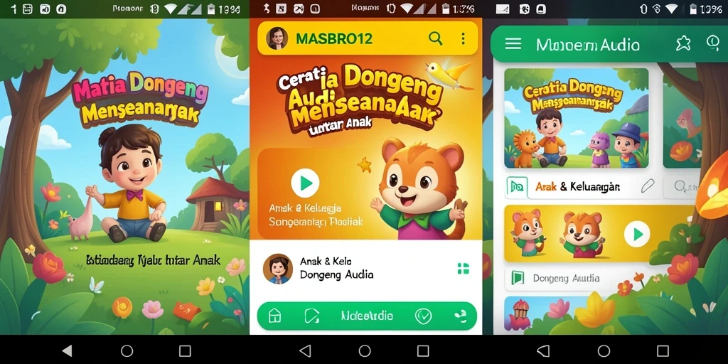 Antarmuka menarik aplikasi MASBRO12 untuk cerita Dongeng Audio.